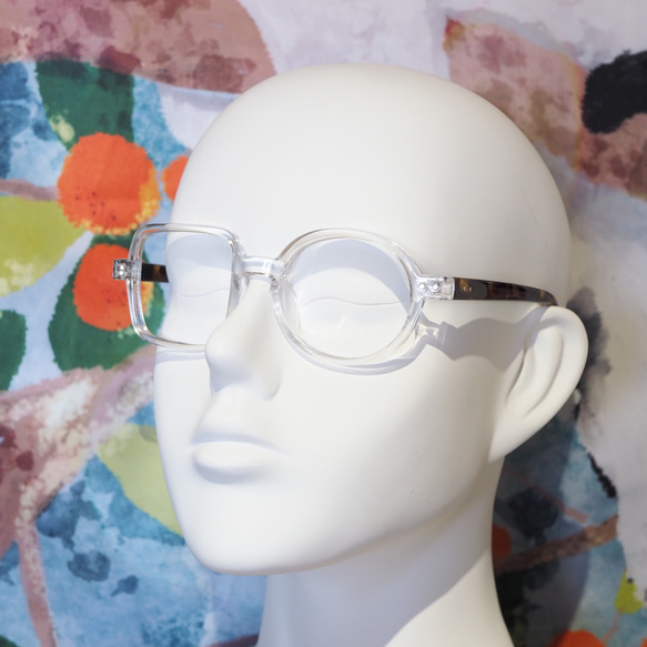 ○-□ 丸四角の非対称フレーム｜透明クリア｜老眼鏡、だてメガネ、近視用・乱視用・サングラスとして作成できます 2枚目の画像