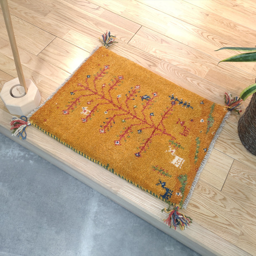 【夏のキャンペーン】ペルシャ　ギャッベ 玄関　90×62 ベージュ生命の木　葉 ペルシャ ギャッベ 玄関マット ラグ 90x62㎝ ベージュ ブラウン