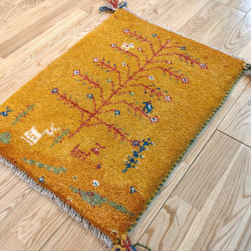 ペルシャ ギャッベ 玄関マット 44×57.5cm 黄金色 生命の木