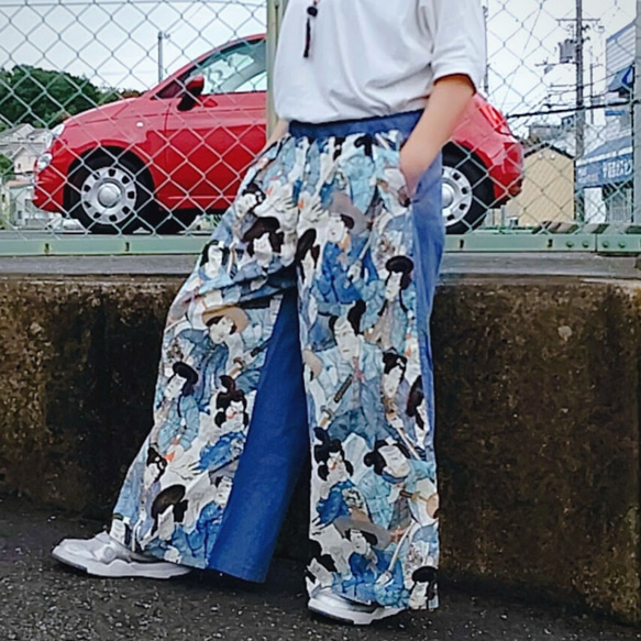 Super Wide Pants　USA生地　コットン×リネン　男女兼用　死者の祭り柄×マゼンダ 12枚目の画像