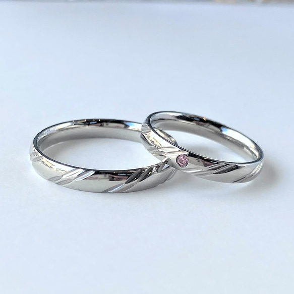 ウェーブカットリング 誕生石 刻印 対応 ペアリング  ステンレス 結婚指輪  指輪  ケース付き 2枚目の画像