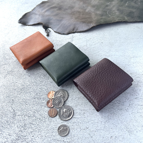二つ折り ミニ財布 コンパクト財布 ノンステッチ 【シボ入り栃木