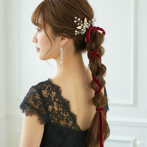 ボルドー 】ベロアリボン ポニーフック / ベルベット 結婚式 お呼ばれ