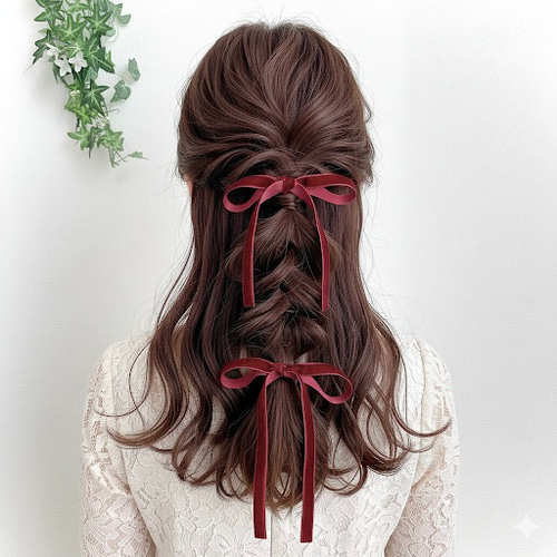 ボルドー 】ベロアリボン ポニーフック / ベルベット 結婚式 お呼ばれ