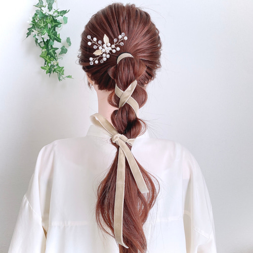 ♥️100【 ベージュ 】ベロアリボン ポニーフック / ヘアリボン