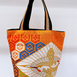 着物トートバック 持ち手短 オレンジ 鶴 菱 唐花 ポケット付き