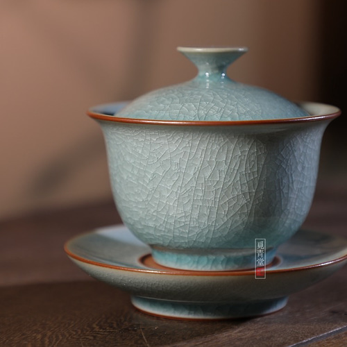 氷生湖藍蓋碗 茶道具【共箱】水色氷裂貫入 現代龍泉青磁 贈り物