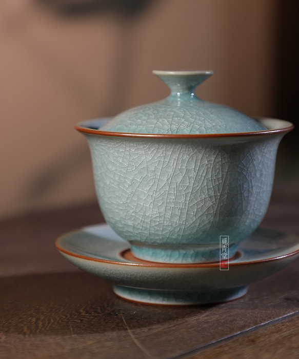 氷生湖藍蓋碗　茶道具【共箱】水色氷裂貫入　現代龍泉青磁　贈り物コレクション 