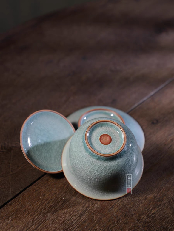 氷生湖藍蓋碗　茶道具【共箱】水色氷裂貫入　現代龍泉青磁　贈り物コレクション 