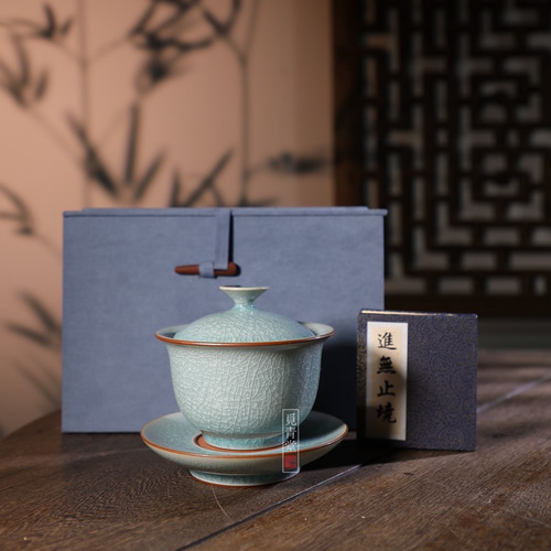 氷生湖藍蓋碗 茶道具【共箱】水色氷裂貫入 現代龍泉青磁 贈り物