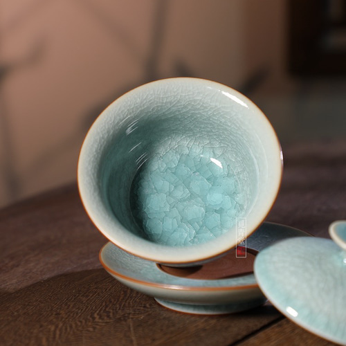 【茶道具】（冰模紋茶碗 ） 茶道具】（冰模紋茶碗 ） 氷生湖藍蓋碗 茶道具【共箱】水色氷裂