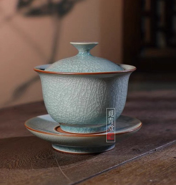 氷生湖藍蓋碗　茶道具【共箱】水色氷裂貫入　現代龍泉青磁　贈り物コレクション 