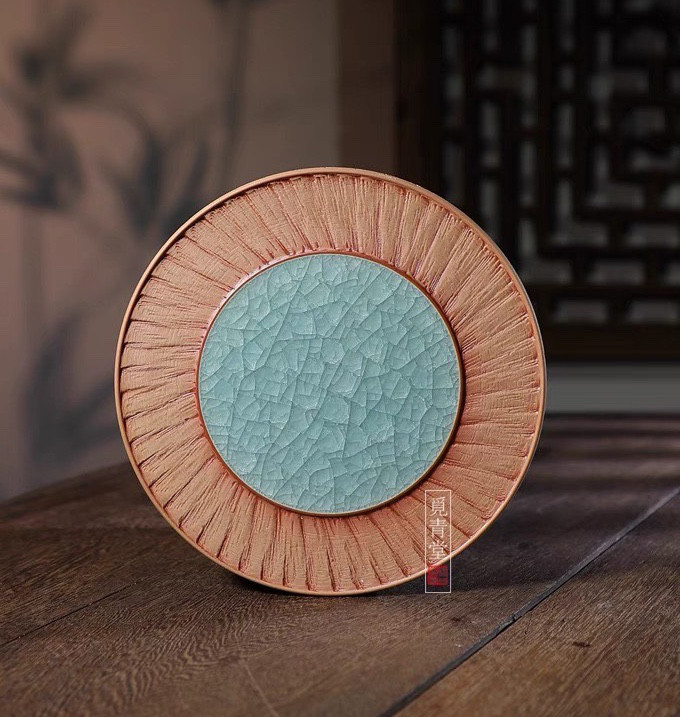 氷生湖藍急須置き　置物【共箱】水色氷裂貫入　現代龍泉青磁　贈り物コレクション