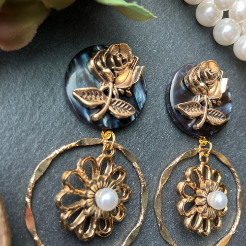 ネイビー×アンティーク薔薇ボタン デザインリング×透かしフラワー  