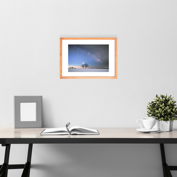 【A4可能】雪原に寄り添う木と、春の天の川・北海道星空写真 3枚目の画像