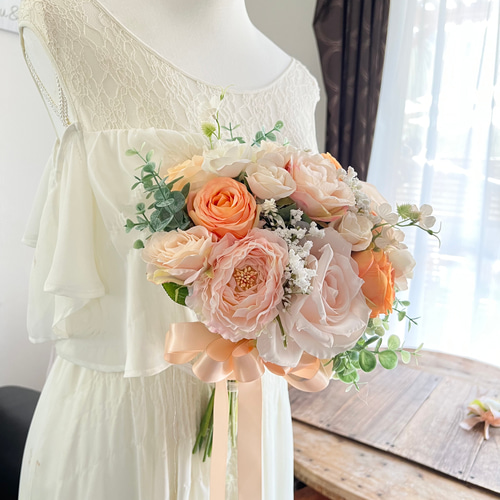 サーモンピンク×オレンジクラッチブーケ☆ブートニア その他オーダー