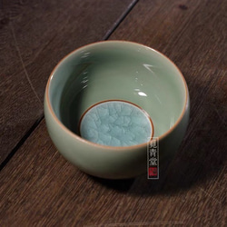 氷生湖藍蓋碗 茶道具【共箱】水色氷裂貫入 現代龍泉青磁 贈り物