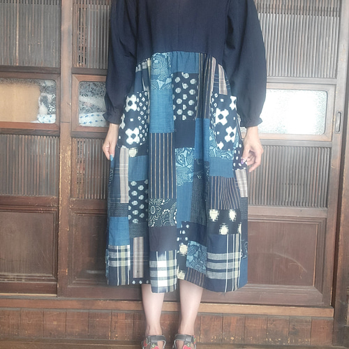 着物リメイク】柿渋&鉄媒染の浴衣のンピース【古布リメイク】6-30  