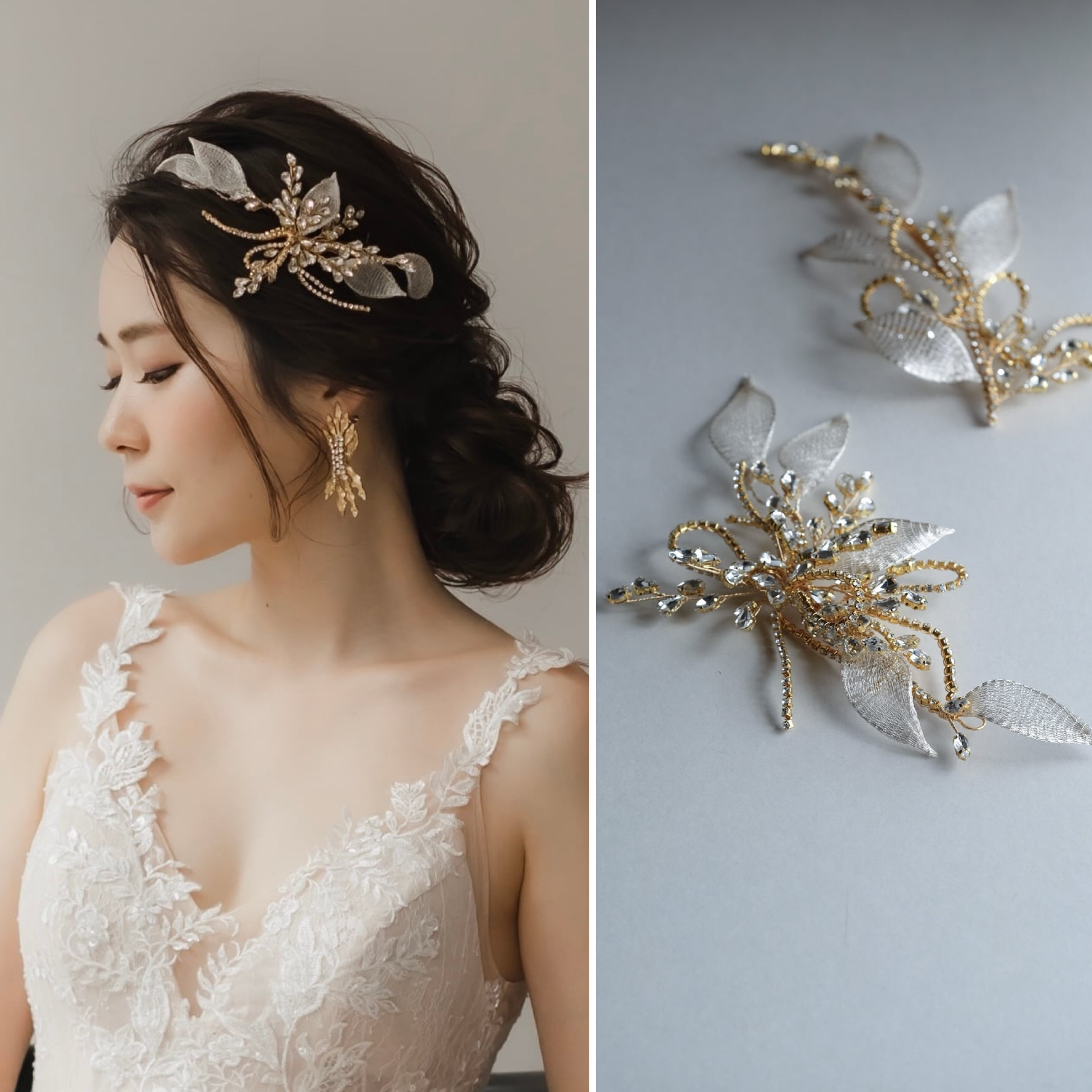 [HA-130] ウェディング　リーフモチーフ クリスタル ヘッドアクセ　結婚式　前撮り　小枝　ブライダルヘッドドレス