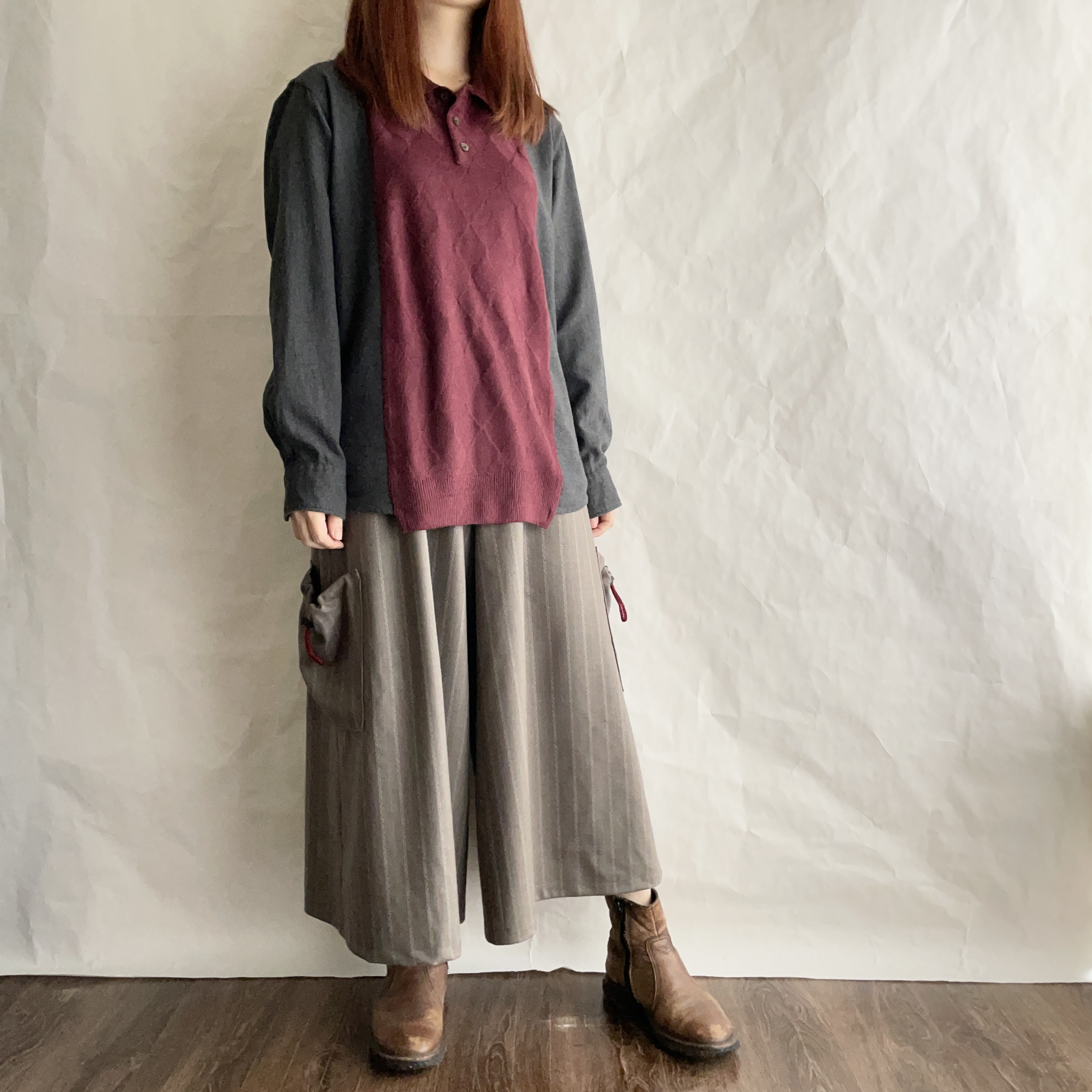 ［リメイク］シャツニットプルオーバー   エンジ×チャコール　　　R-PO 5-1