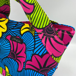【受注製作】アフリカ布　ミニトートバッグ　　　　　　　　　　カラフルなイチョウ　ブルー×黄緑 3枚目の画像