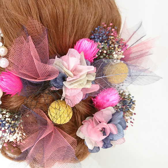 プリザ紫陽花とチュールのヘッドドレス 成人式 卒業式 ピンク 7枚目の画像