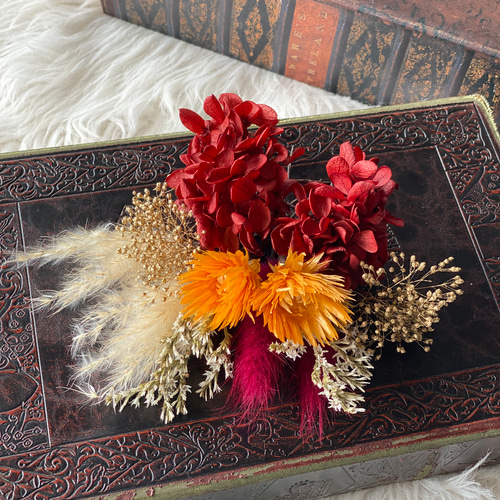 ドライフラワー髪飾り レッド×オレンジ 【マルーン】 成人式髪飾り  