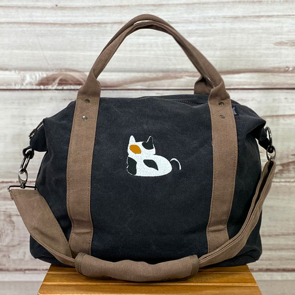 【送料無料】お餅猫の刺繍  2way仕様 キャンバスコットンキャリーオン帆布ショルダーバッグ 3枚目の画像