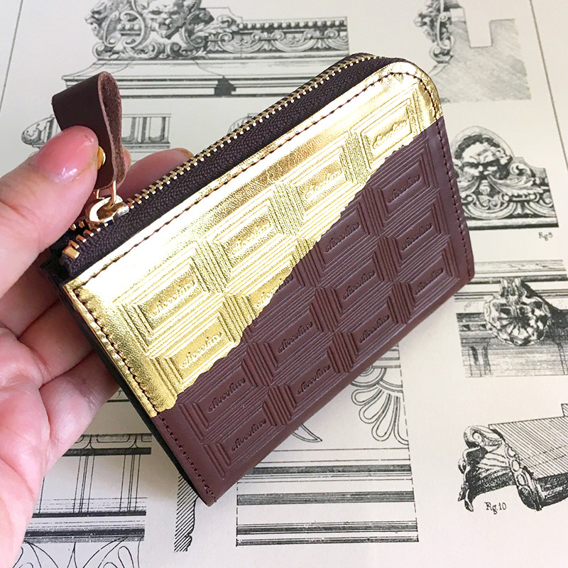 革のチョコ・ファスナーミニ財布　スイート（金の包み紙）