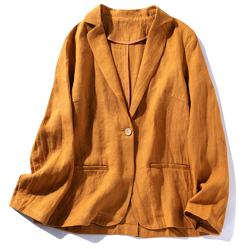 リネンジャケット テーラード　スーツ ブレザージャケット100%リネン中厚　イエロー　S&M&L # L100YE