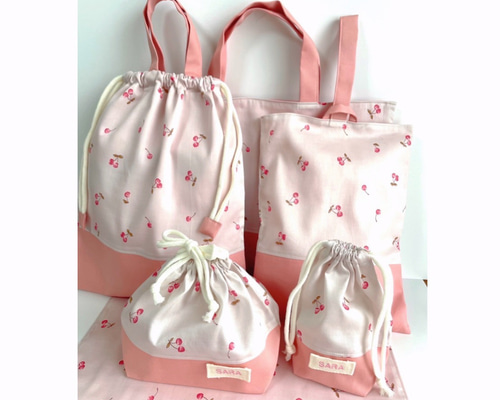 「#期間限定」のおすすめ人気ランキング お名前刺繍入り レッスン 6点セット さくらんぼのレッスンバッグ 手提げ・レッスンバッグ・入園グッズ