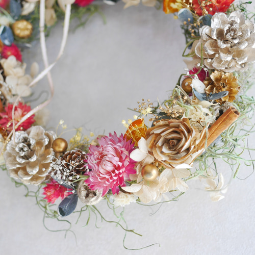 【美品】おしゃれ　リース　ドライフラワー　クリスマス 送料無料A102クリスマスリース ドライフラワーリース 冬ディスプレイ