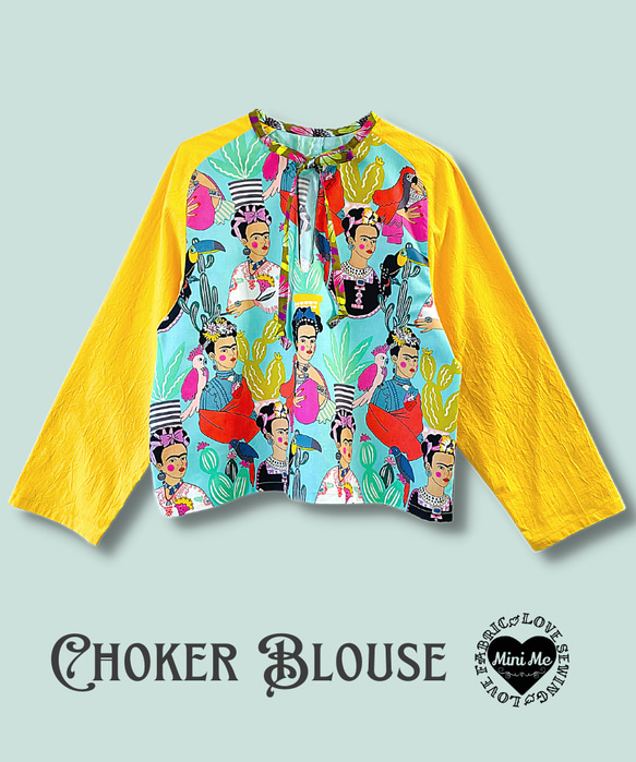 2way Choker Blouse　USA輸入生地　ロングスリーブ　トロピカルフリーダ柄 1枚目の画像