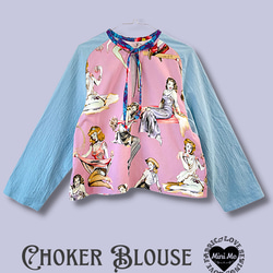 2way Choker Blouse　USA輸入生地　ロングスリーブ　ゾンビガール柄 1枚目の画像