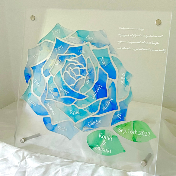 ウェルカムボード　ゲスト参加型結婚証明書　Bluerose green leaf 