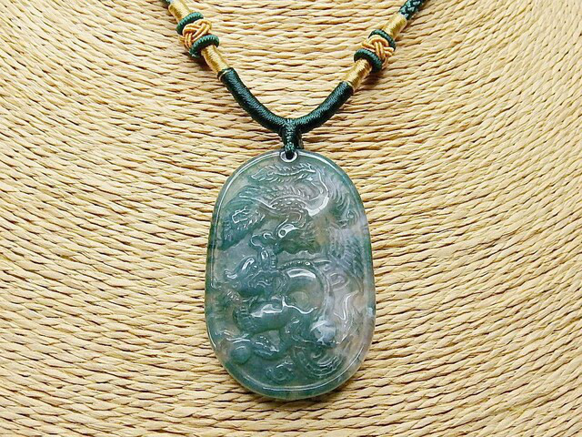 一点物レア物モスアゲート龍鳳呈祥彫り天然石ペンダントネックレス010-162a