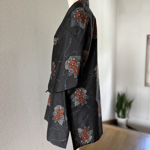 村山大島紬 着物リメイク 作務衣 巻物に椿模様 商標付きお着物
