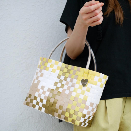 オータムチェック×イエローM 2WAYプラカゴバッグ かごバッグ ミモザ