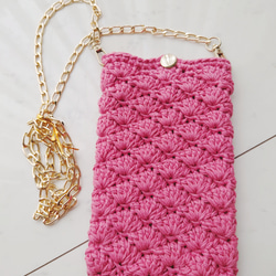 スマホポシェット ショルダー ポーチ ピンク 松編み 編み 手編み 編み物 1枚目の画像