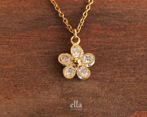 14kgf] 手描き風フレーム小花のCZダイヤネックレス、14金ゴールド