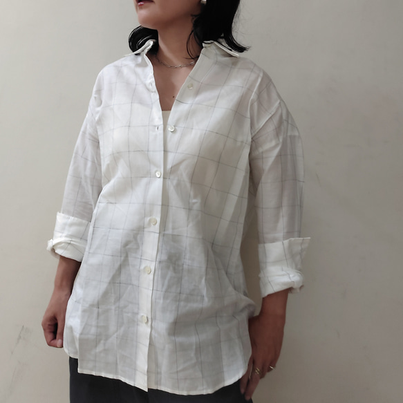 日本製　ウィンドペンチェックシャツ　麻素材　リネン　涼しい 3枚目の画像