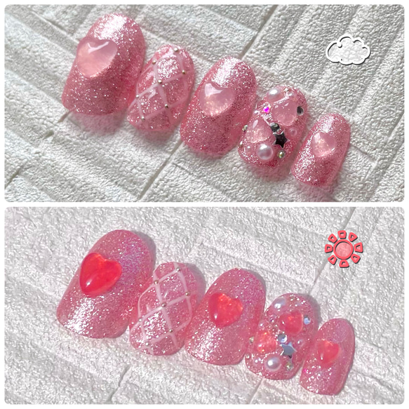 ネイルチップ/紫外線/ハート/韓国ネイル/ラメ/ピンク/赤/キラキラ/埋め  