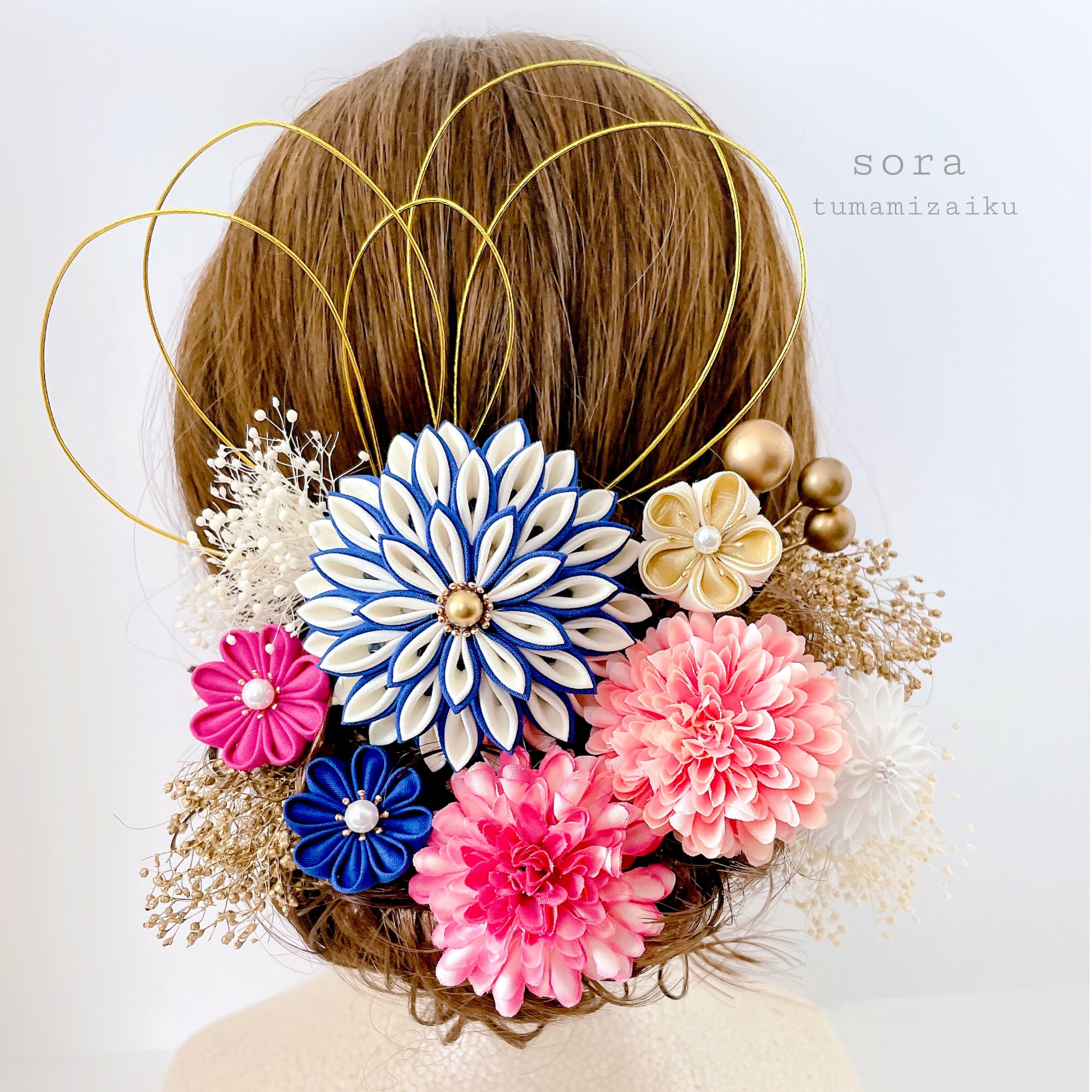 つまみ細工　髪飾り　ポンポンマム　【青×ピンク】成人式　ウェディング　和装　アーティフィシャルフラワー　卒業式
