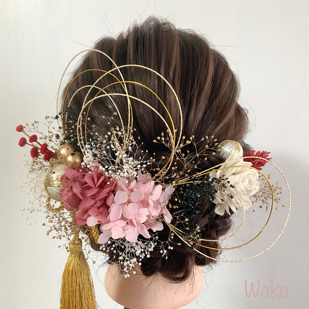【水引アレンジ】ドライフラワー　和玉　成人式　前撮り　結婚式　振袖　ヘア飾り　髪飾り／MT1