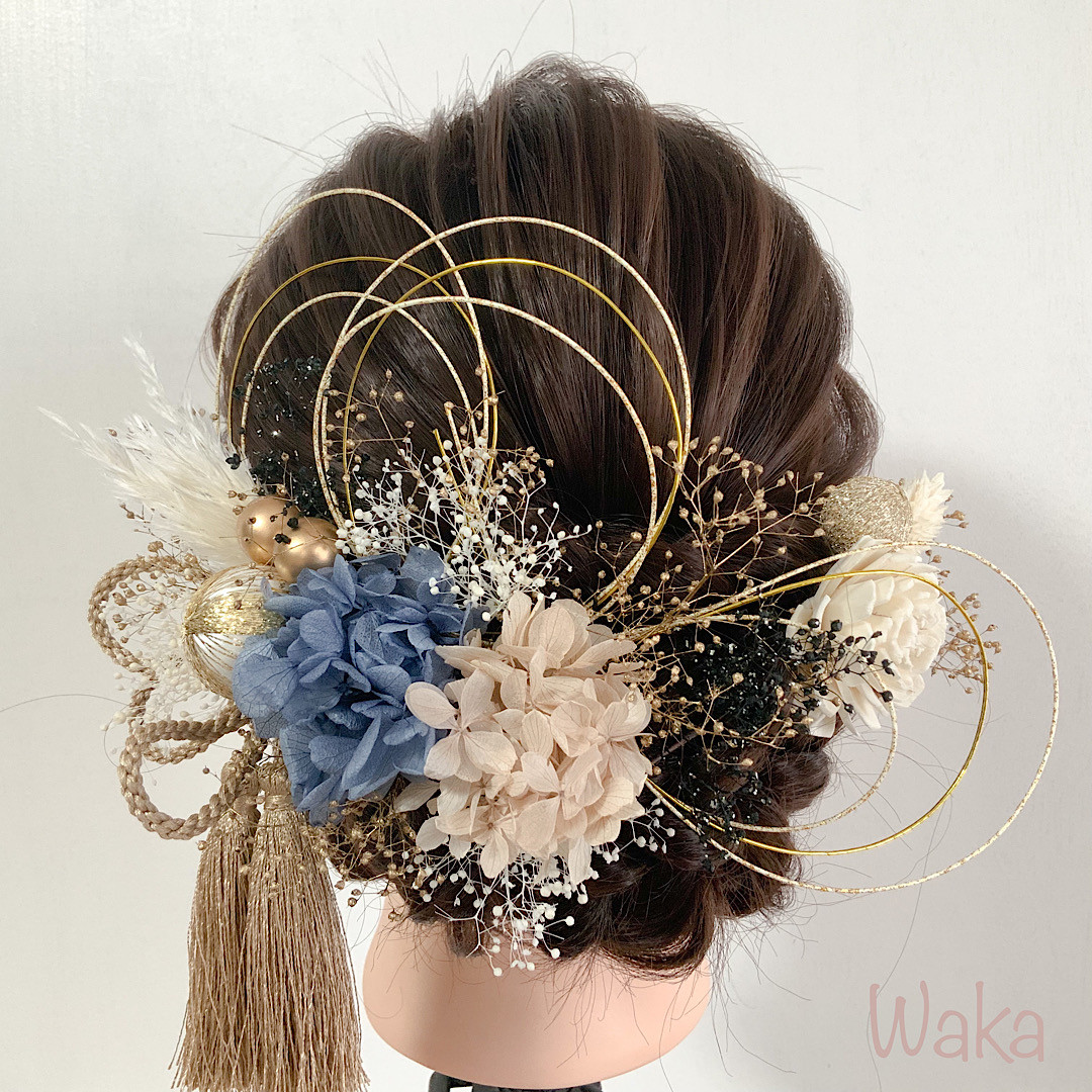【水引×ドライフラワー】024 くすみ系カラー　和玉　和装髪飾り　成人式　卒業式　振袖　袴　ヘア飾り