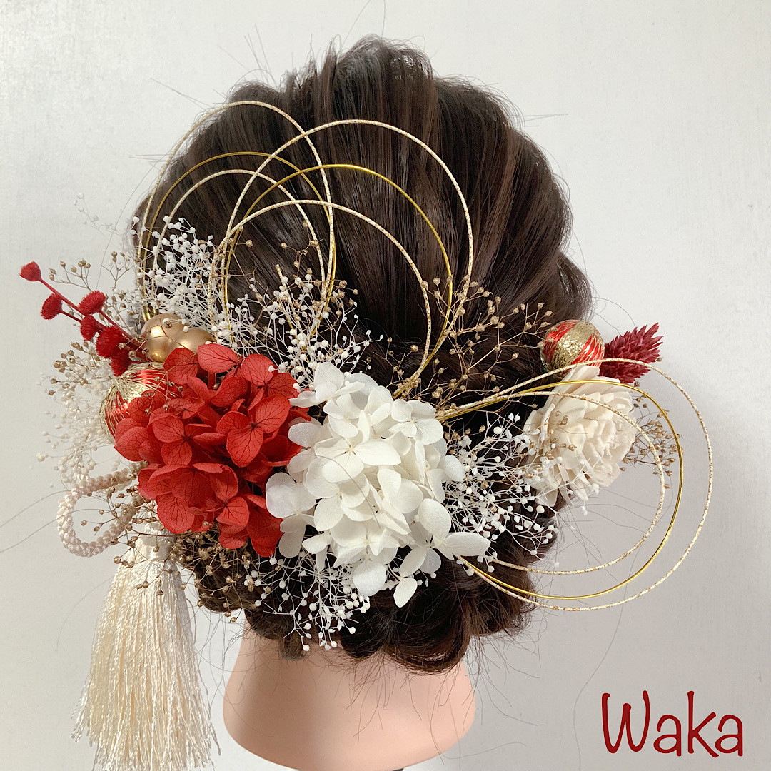 水引　ドライフラワー　紅白　和玉　タッセル　成人式　結婚式　前撮り　振袖　袴  髪飾り/MT2-RD