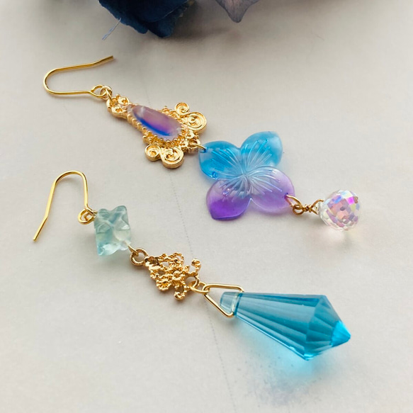 再再販 グラデーション紫陽花とフローライト ピアス イヤリング
