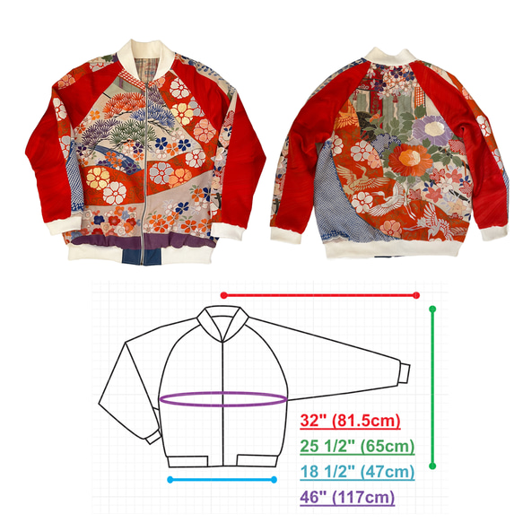 一点もの！ゴージャスキュート！レアなアンティークの振袖リメイク、スカジャン風ブルゾンジャケット- 花柄 3枚目の画像