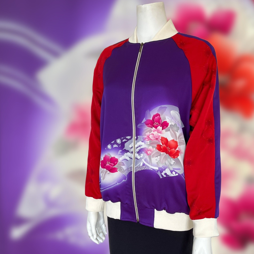 一点もの！ゴージャスキュート！着物のリメイク、スカジャン風ブルゾンジャケット- 花柄