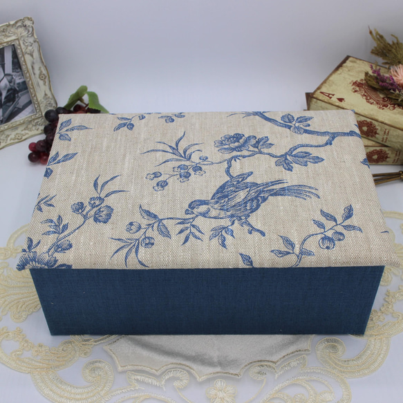 【受注制作】カルトナージュ♪　フランス製 リネン生地　２段ツールボックス / 裁縫箱 （メザンジュ/ブルー） 3枚目の画像